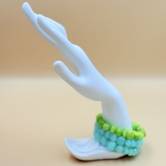 Chunky Beaded Stretch Bracelet - Lime Green & Aqua Blue Stones Boho Jewelry - Picture 4 of 7